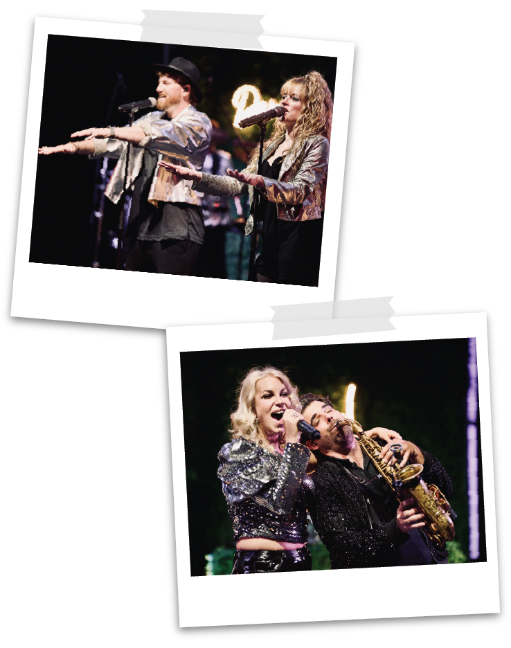 Music Nau Now Liveband auf der Bühne – Sänger, Sängerinnen und Saxophonist in Aktion bei einer mitreißenden Performance auf Firmenfeier oder Gala in NRW.