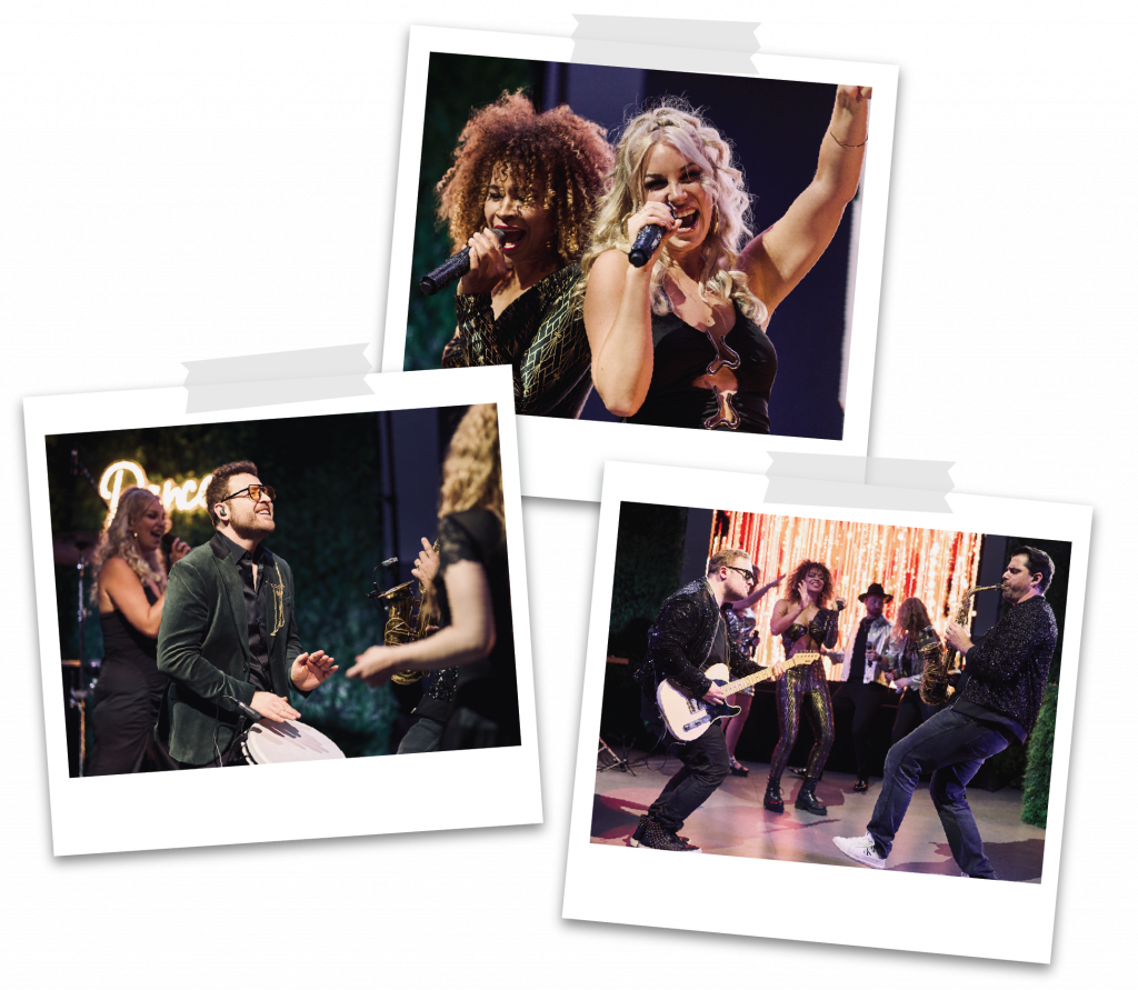 Collage aus Live-Fotos der Music Nau Now Band – Sängerinnen, Gitarrist, Saxophonist und Percussionist auf der Bühne