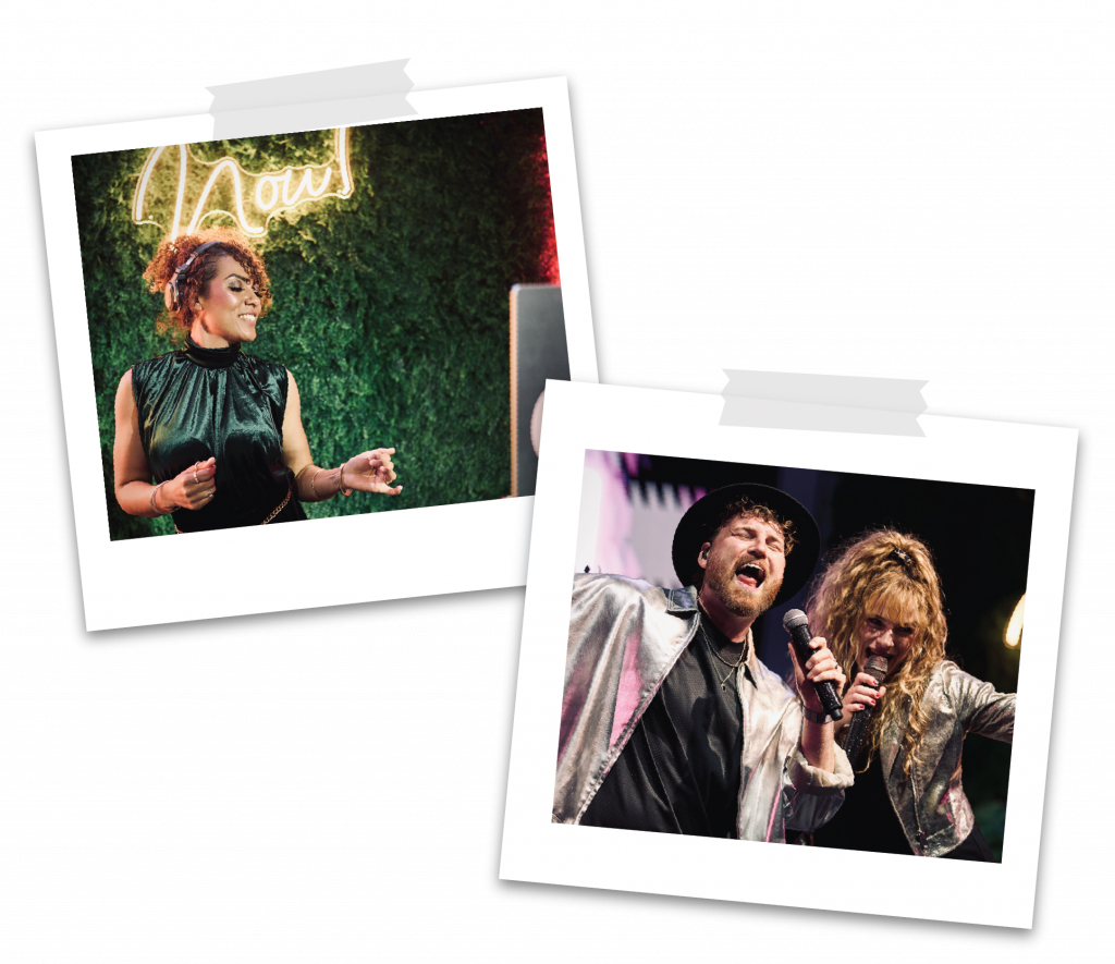 Collage mit DJane und zwei Sängern bei einer Music Nau Now Live-Show – DJ trifft auf Liveband
