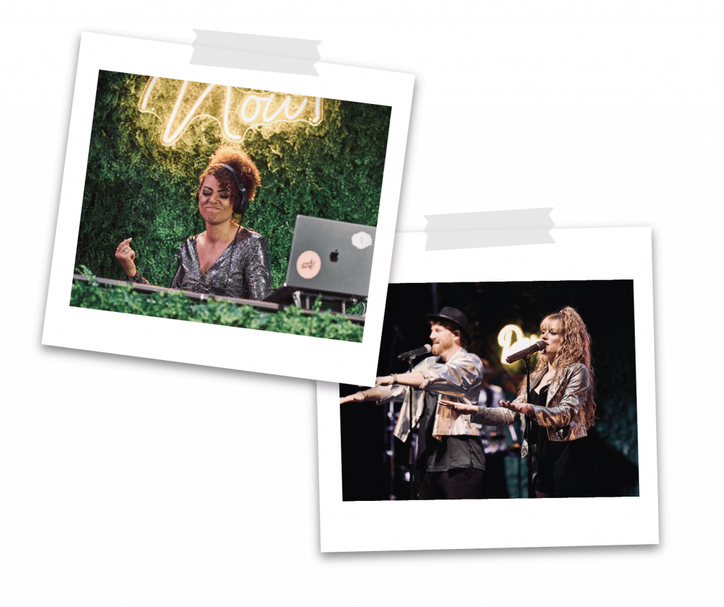 Music Nau Now DJ Curly Beatz legt auf einer modernen Eventbühne auf – DJ Plus Showband NRW Music Nau Now Sängerin und Sänger tanzen während einer energiegeladenen Live Performance – Eventband NRW