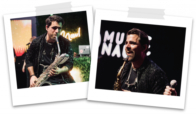 Saxophonist der Partyband Music Nau Now live auf der Bühne – DJ plus Liveband für Firmenfeiern, Galas und Corporate Events