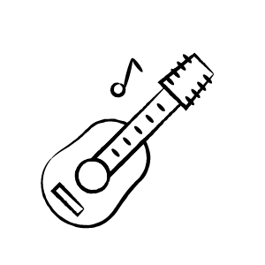 Icon einer Gitarre mit Musiknote als Symbol für Live-Instrumente und echte Livemusik bei Music Nau Now.