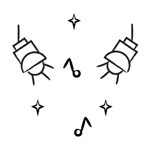 Icon mit Bühnenlichtern und Musiknoten als Symbol für Lichtshow, Sound und musikalische Inszenierung von Music Nau Now.